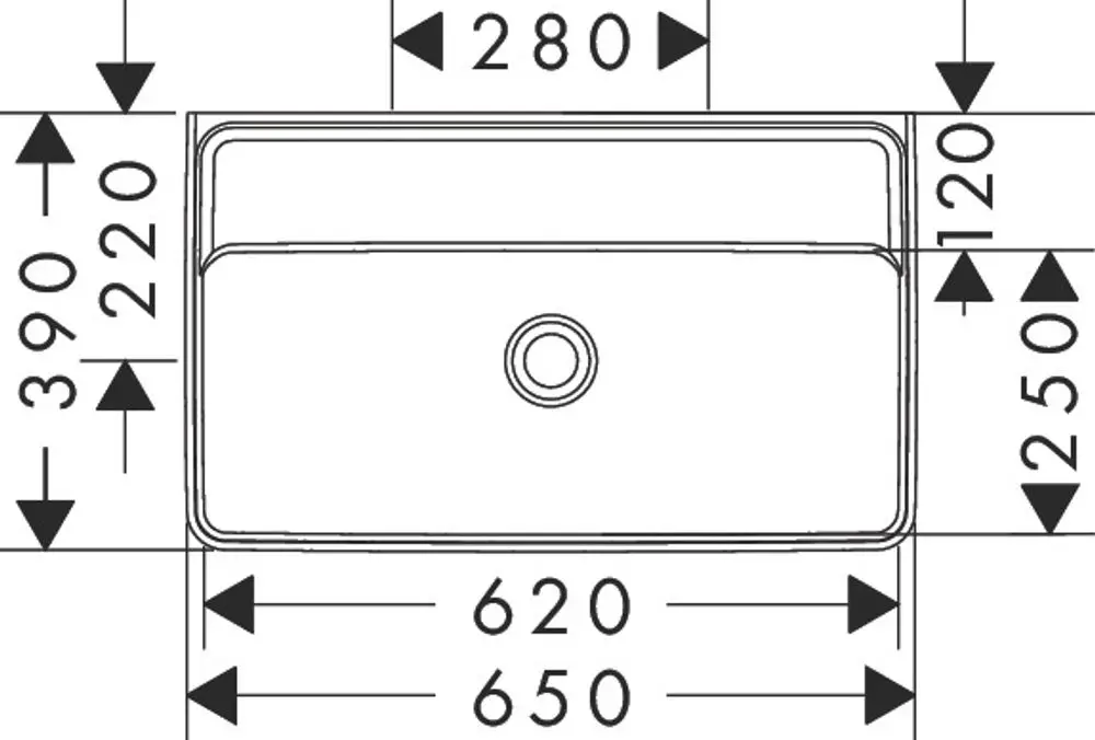 Weißer Waschbeckenentwurf von Hansgrohe, rechteckige Form mit zentralem Abfluss, ohne Hahnloch und Überlauf, in minimalistischem Design. Maße und Details sind schematisch dargestellt.